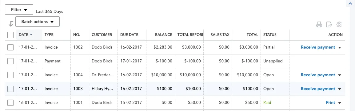List of payments in QuickBooks
