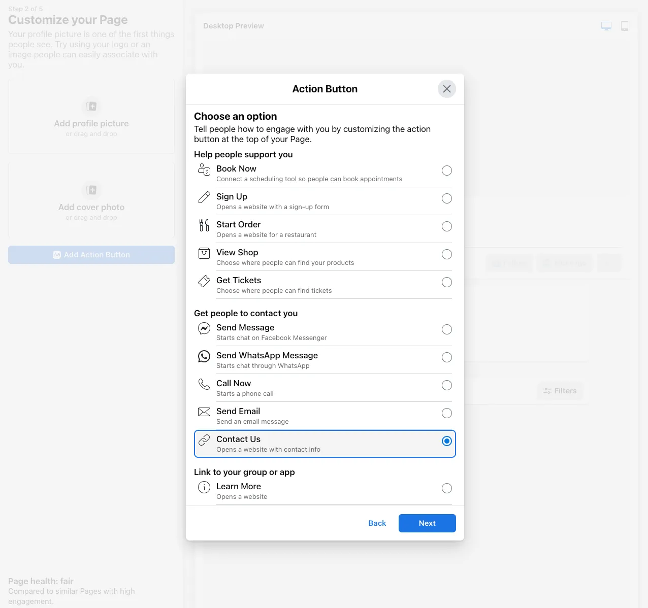 A screenshot showing the Contact us option for the Action Button in Facebook.