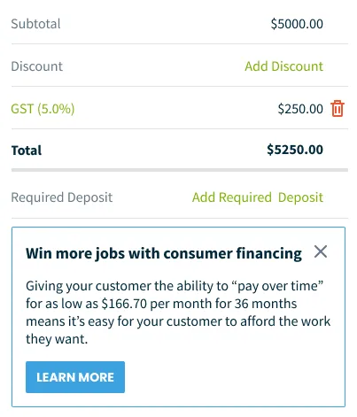 Quote subtotal with a prompt to learn more about consumer financing