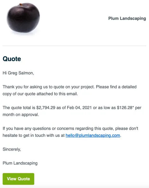 Email to a client that they have been sent a quote with financing available
