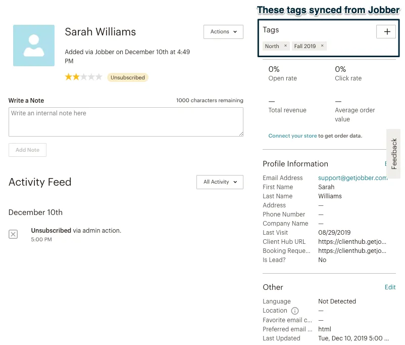 A screenshot showing where tags are displayed on a client's profile within Jobber's Mailchimp integration.