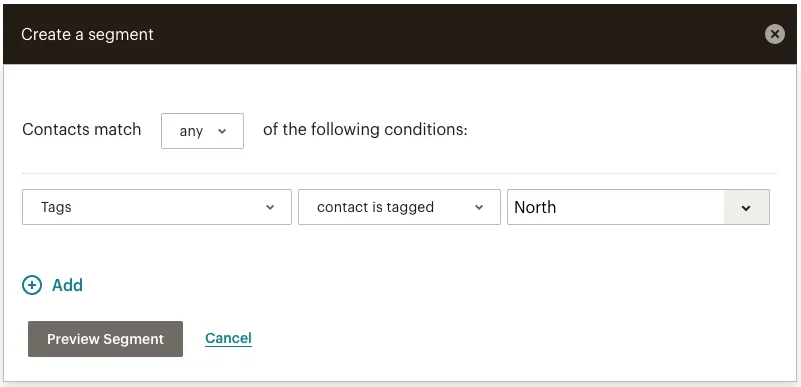 A screenshot showing the 'Create a segment' screen from Mailchimp with a segment being created based on a tag.