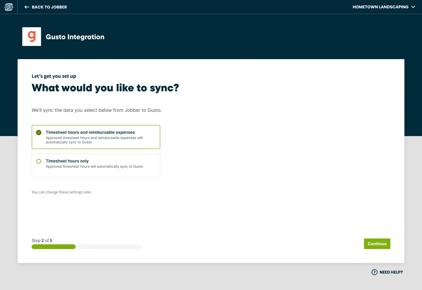 Step 2 - select what data to sync from Jobber to Gusto