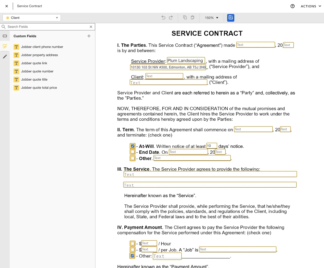docusign editing screen with custom fields from jobber