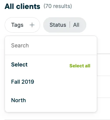 A screenshot showing the tags filter list in the All clients section.