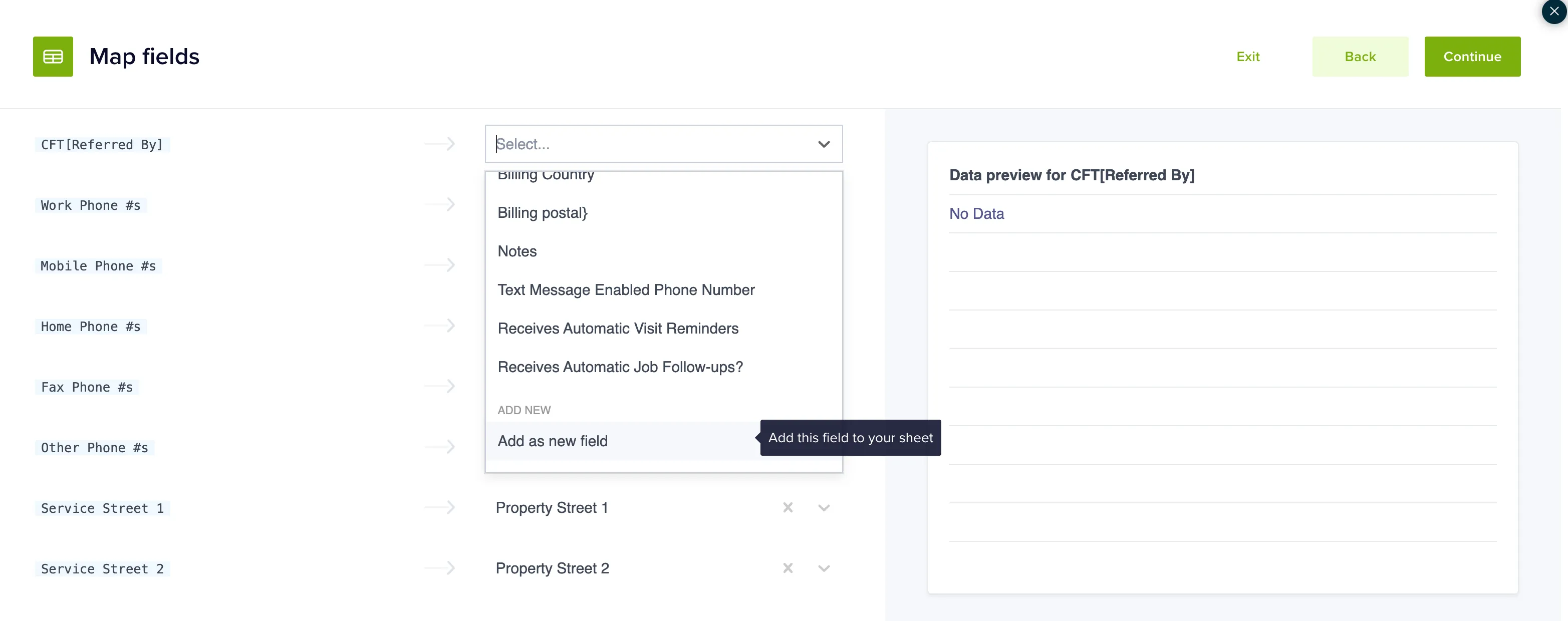 button to include column as custom field