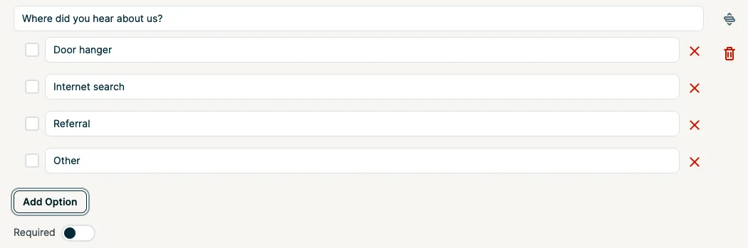 setup screen to add checkboxes to the request form