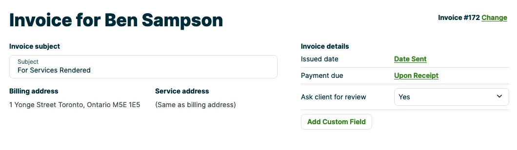 top of the invoice edit screen showing invoice details and subject line