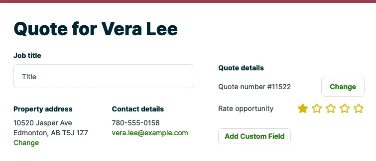 Heading of a quote showing the client name and property address, contact details, and star opportunity rating
