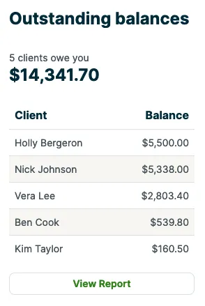 outstanding balances section of the dashboard