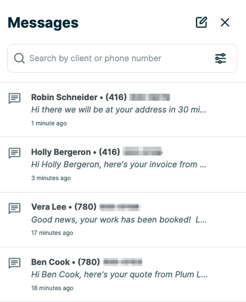 Message center with conversations with various clients