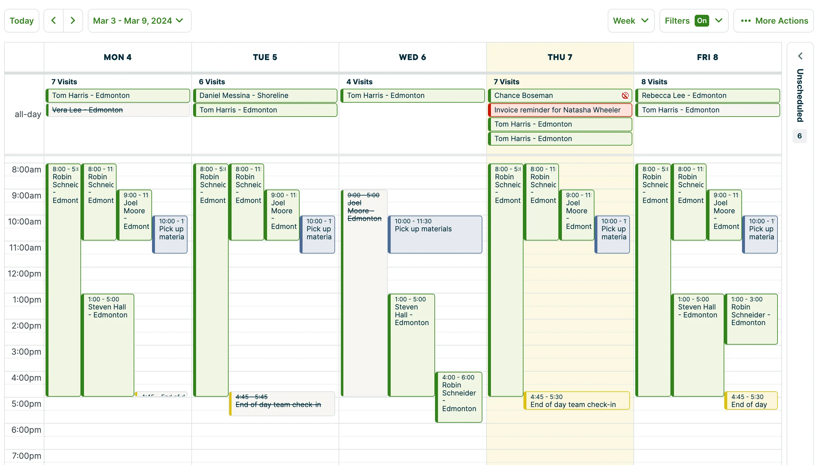 week view of the schedule with a mix of requests, visits, tasks, calendar events, and reminders throughout the week.