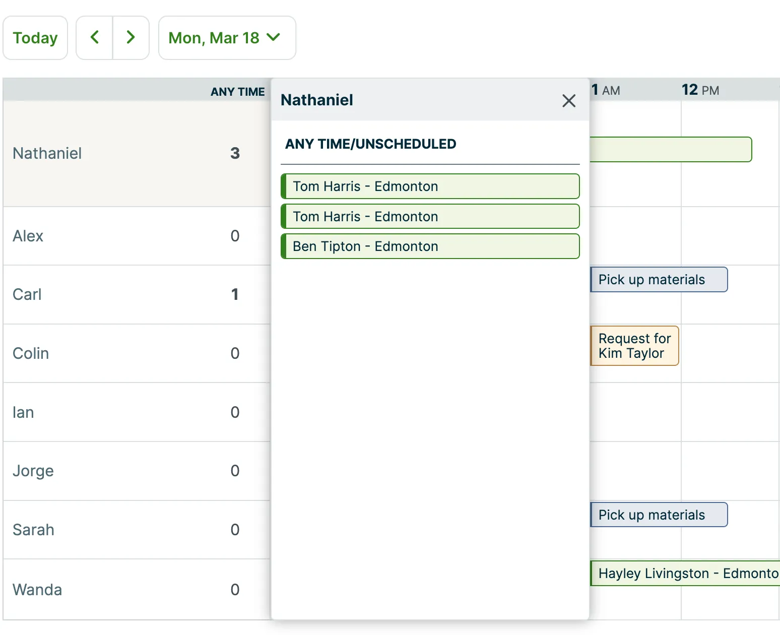 list of users with numbers beside their names. One of the user's anytime/unscheduled appointments are visible