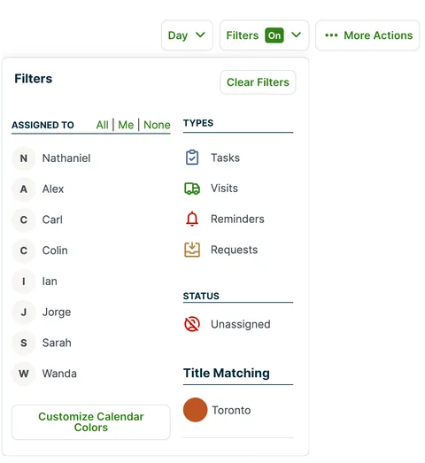 filter menu expanded to show the day view filer options