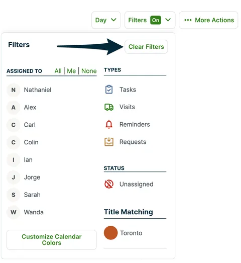 day view filter options with an arrow pointing to the clear filters button