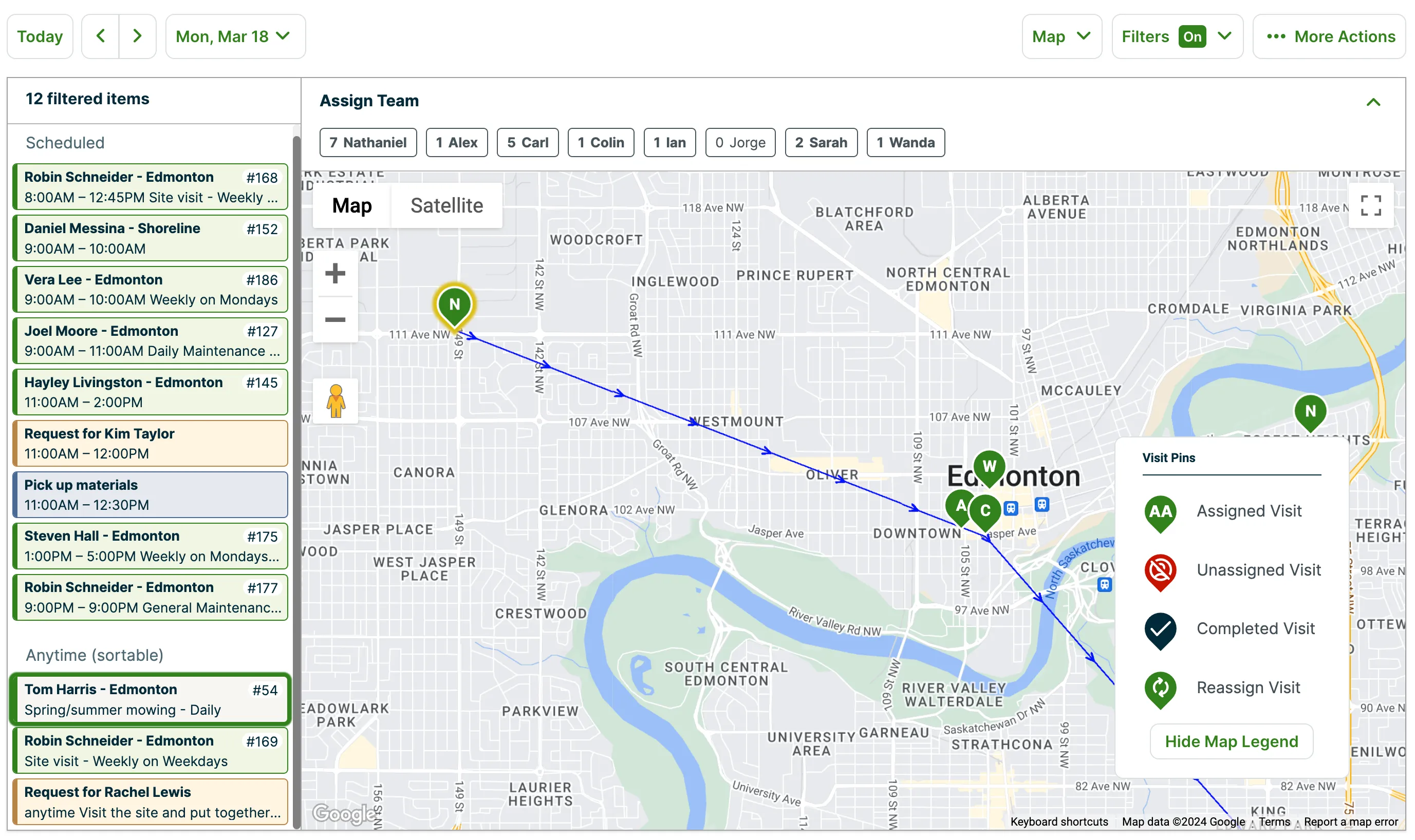 map view of the schedule with a visit highlighted both on the list of visits and the pin for the visit on the map