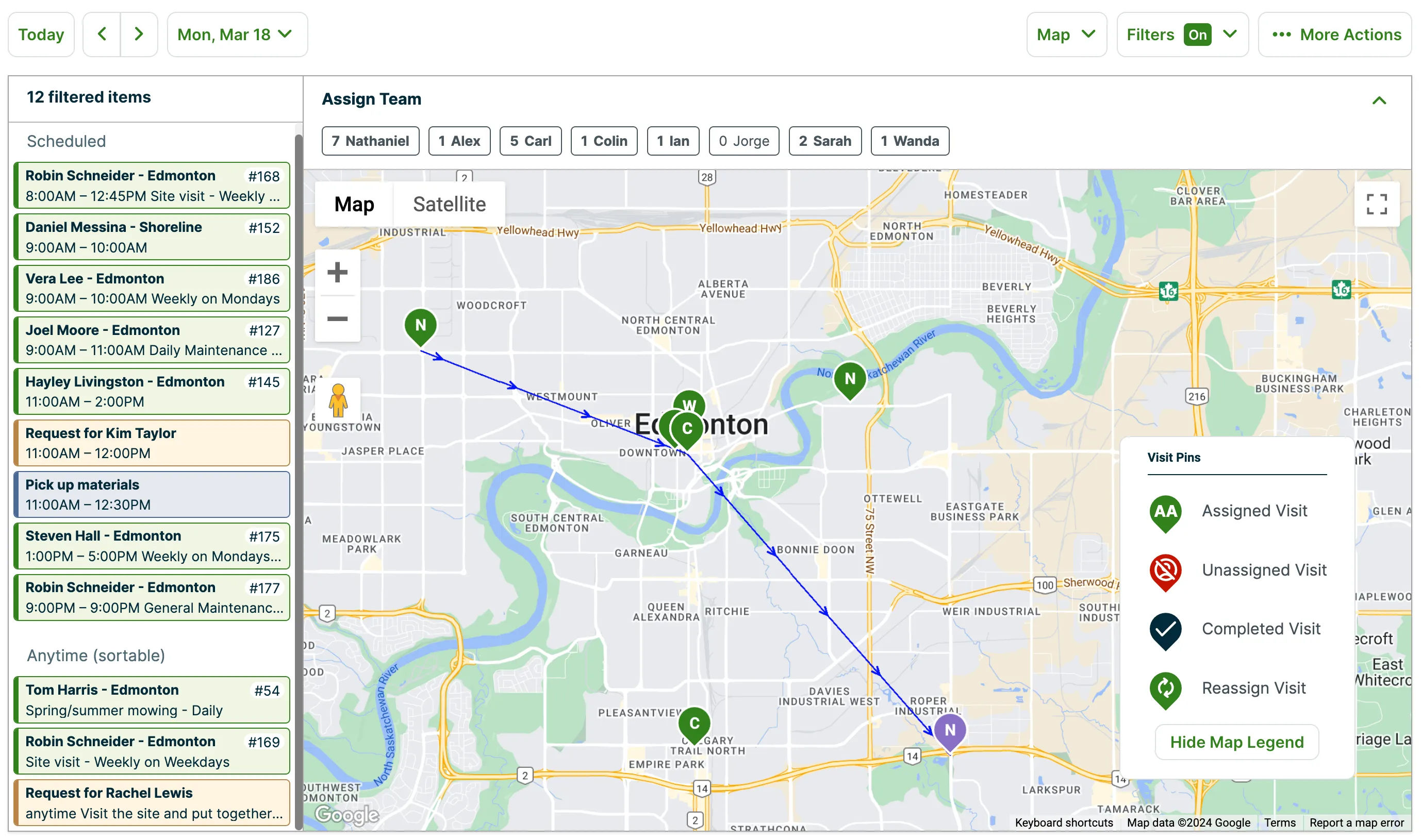 map view of the schedule with both scheduled and anytime visits appearing in a list and on the map