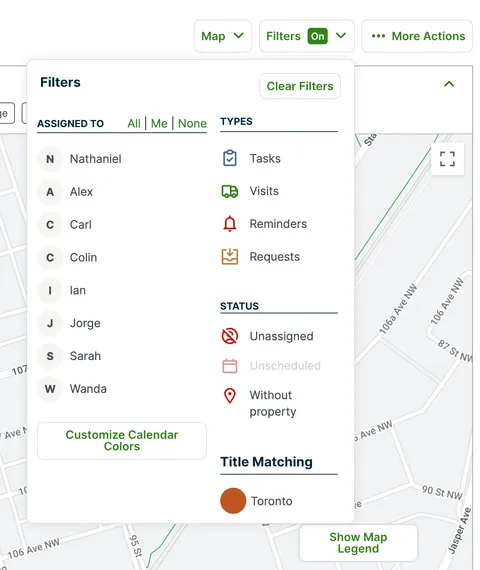 Filter options for the map view
