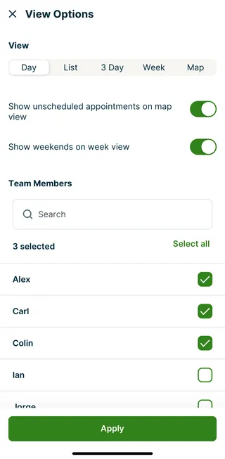A screenshot showing the View options screen in the Jobber app.