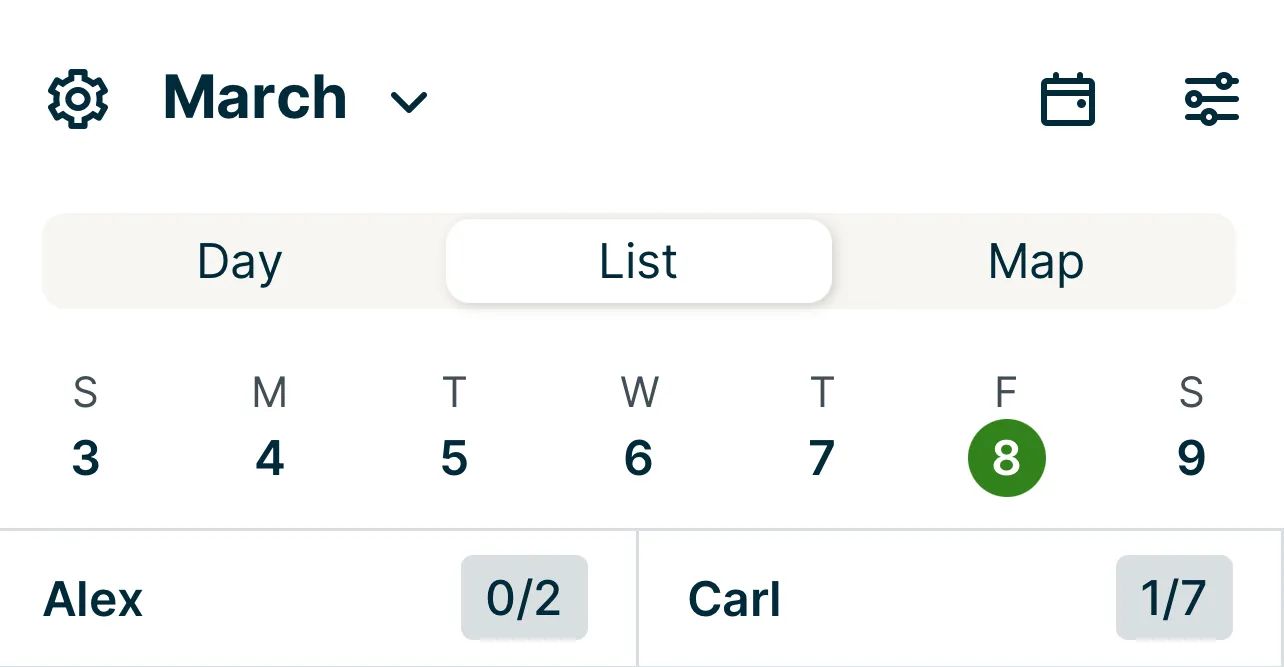 A screenshot showing the Day, List, and Map view selector buttons in the schedule screen of the Jobber app.