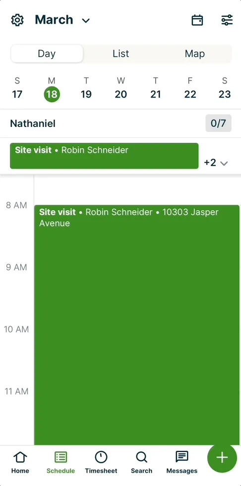 Navigating from a visit on the schedule to the notes section on the visit