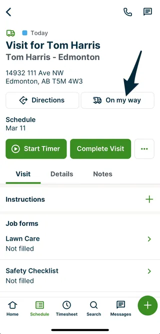 a visit with an arrow pointing to the on my way button