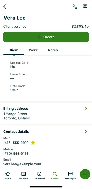 A screenshot showing the client profile in the Jobber app.