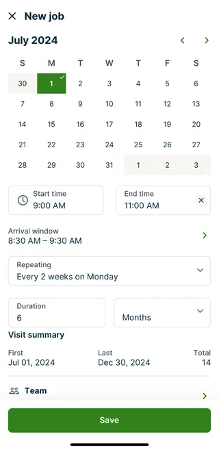A screenshot showing the date selection function in the New job screen in the Jobber app.