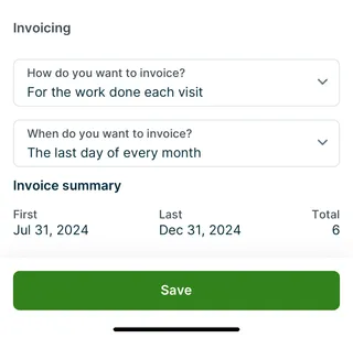 A screenshot showing the invoicing schedule selection screen when creating a job in the Jobber app.