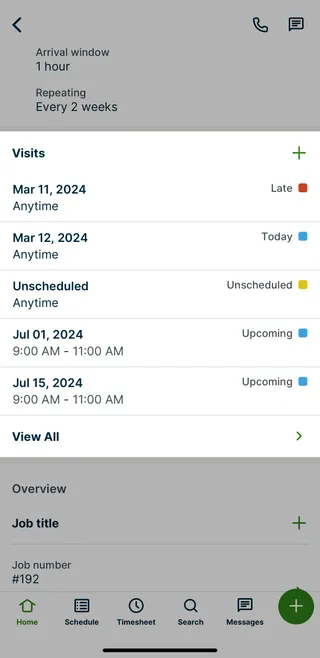 A screenshot highlighting the Visits list within a job in the Jobber app.