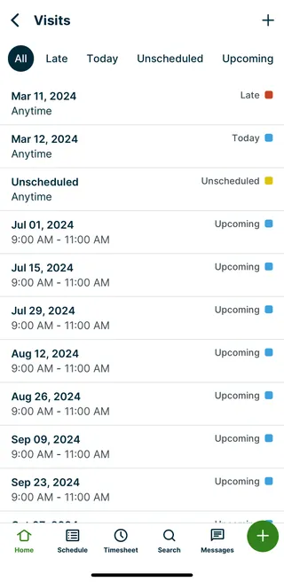 A screenshot showing the expanded visits list screen within a job in the Jobber app.