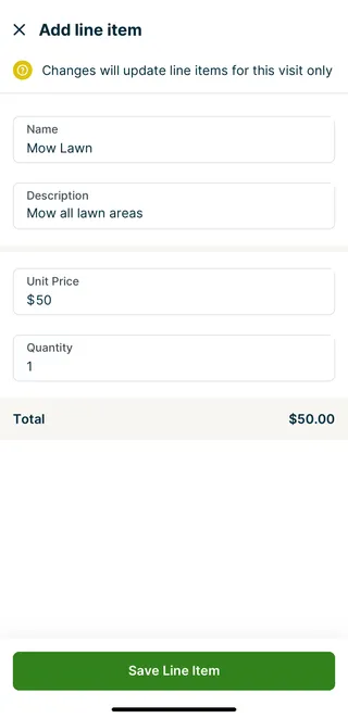 A screenshot showing the Add line item screen in a job visit in the Jobber app.