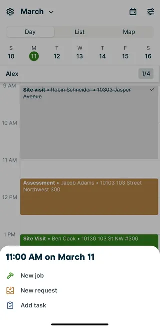 A screenshot showing the create menu for jobs, requests, and tasks.