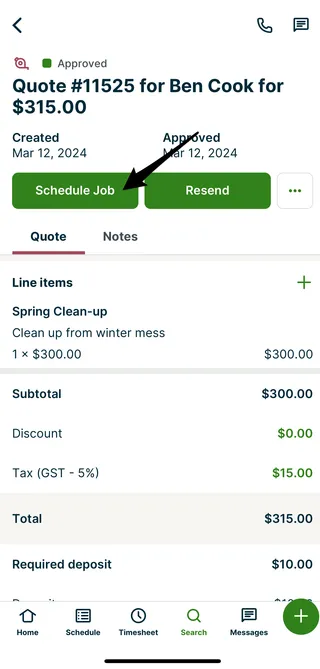 A screenshot highlighting the Schedule job button in the quote screen of the Jobber app.