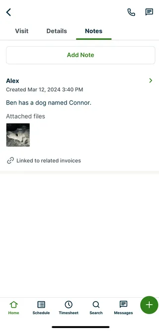 A screenshot showing the Notes tab on a visit in the Jobber app.
