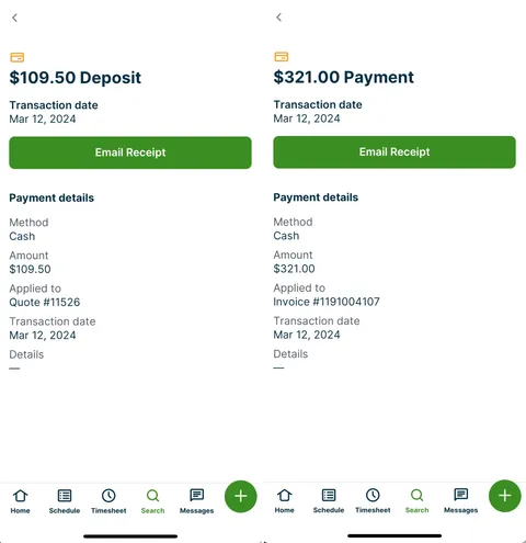 Side-by-side screenshots showing the quote deposit and invoice payment receipt screens in the Jobber app.