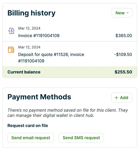 A screenshot showing the Billing history and Payment Methods section of a client's profile in the Jobber app. 