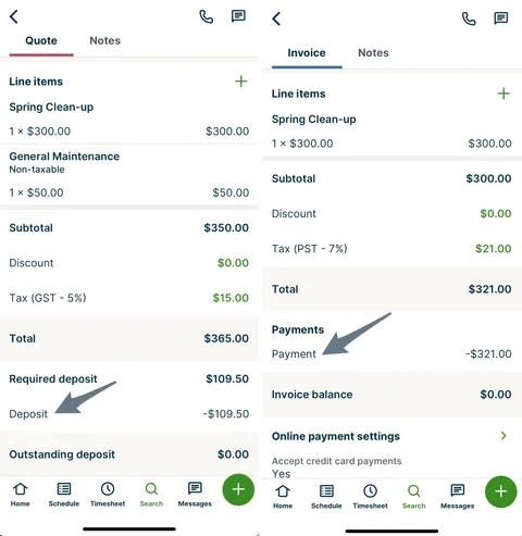Side-by-side screenshots showing the Quote and Invoice confirmation screens in the Jobber app.