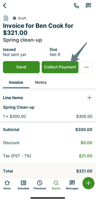 A screenshot highlighting the Collect Payment button on the invoice draft screen in the Jobber app.