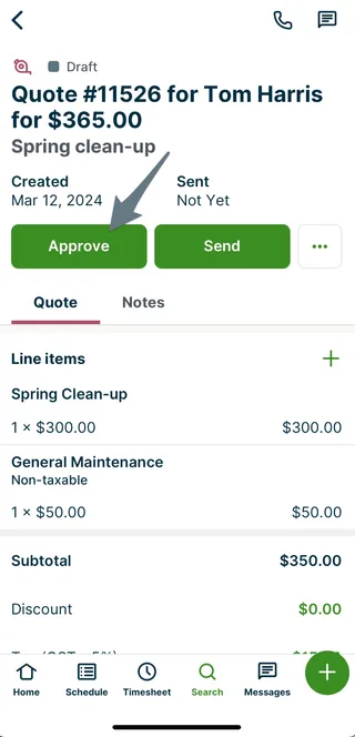 A screenshot highlighting the Approve button on the quote draft screen in the Jobber app.