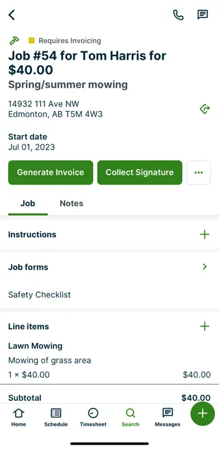 A screenshot showing how to generate an invoice from the "requires invoicing" screen in the Jobber app.