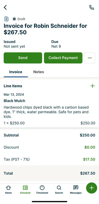 A screenshot showing the invoice draft screen in the Jobber app.