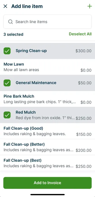 A screenshot showing the "Add line item" screen in the Jobber app.