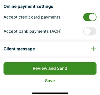 A screenshot showing the online payment settings toggles for a specific invoice in the Jobber app.