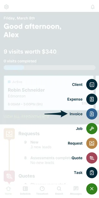 A screenshot showing the invoice option in the quick-create menu in the Jobber app.