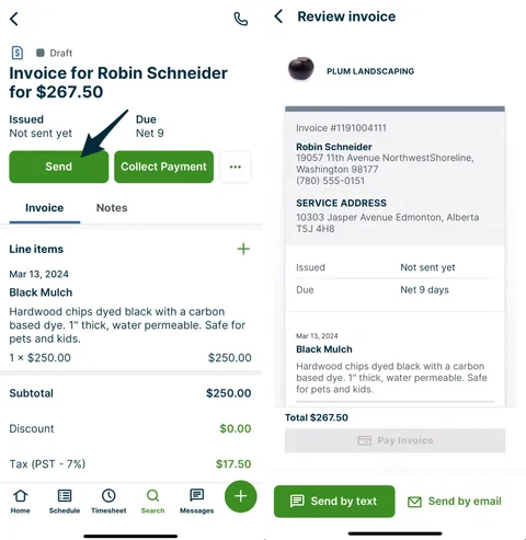Side-by-side screenshots showing the invoice send button and the invoice review screen in the Jobber app.