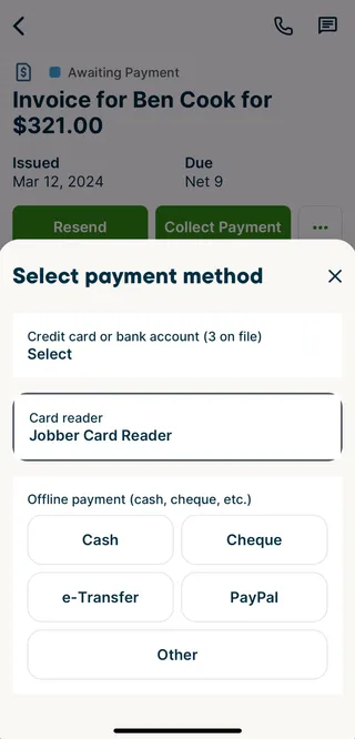 A screenshot showing the "select payment method" pop up in the Jobber app.