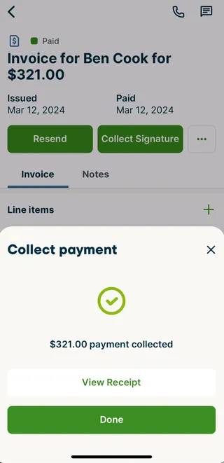 A screenshot showing the "payment collected" pop up in the Jobber app.