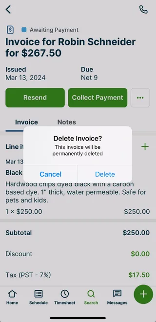 A screenshot showing the delete invoice confirmation pop up in the Jobber app.