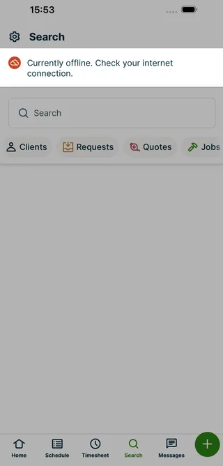 Search tab showing an error banner due to no internet connectivity
